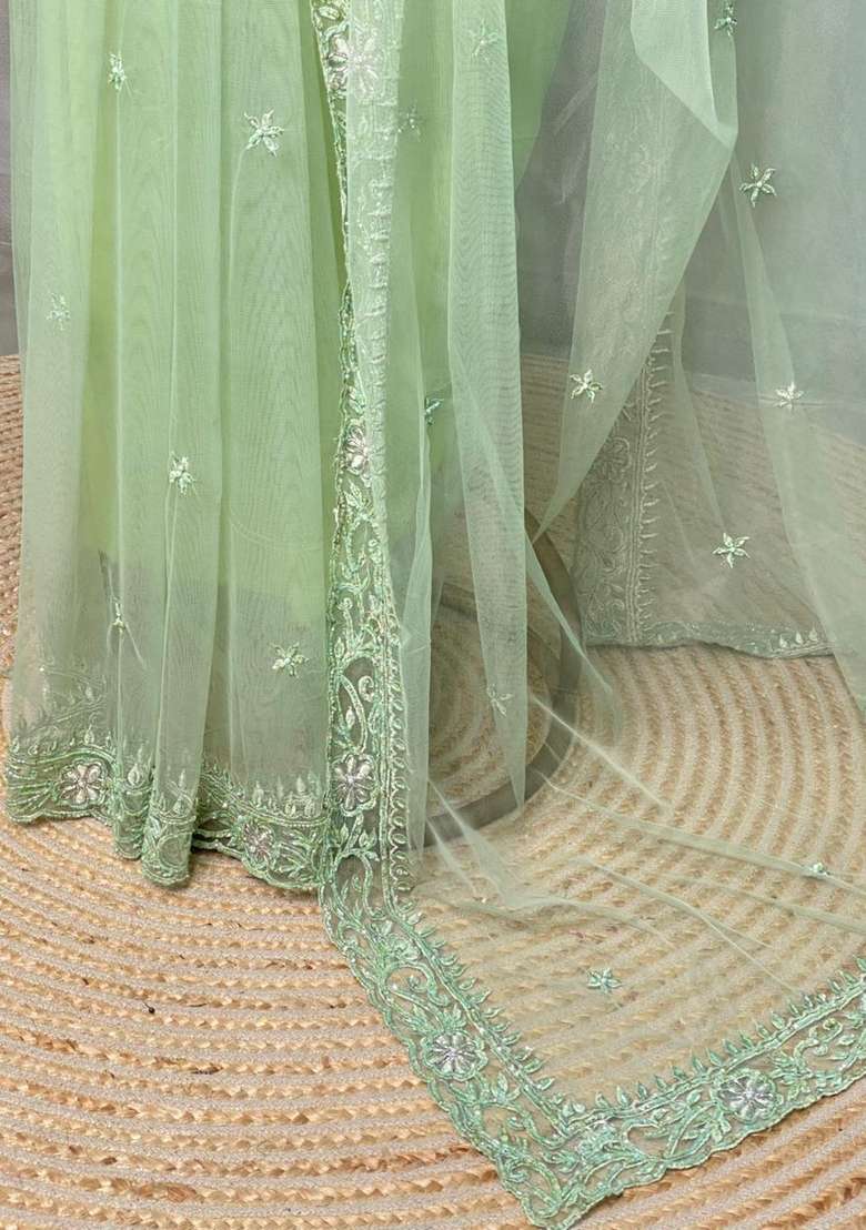 Pastal Green Net Bridal Designer Saree With Traditional Woven Design For Women - Indya