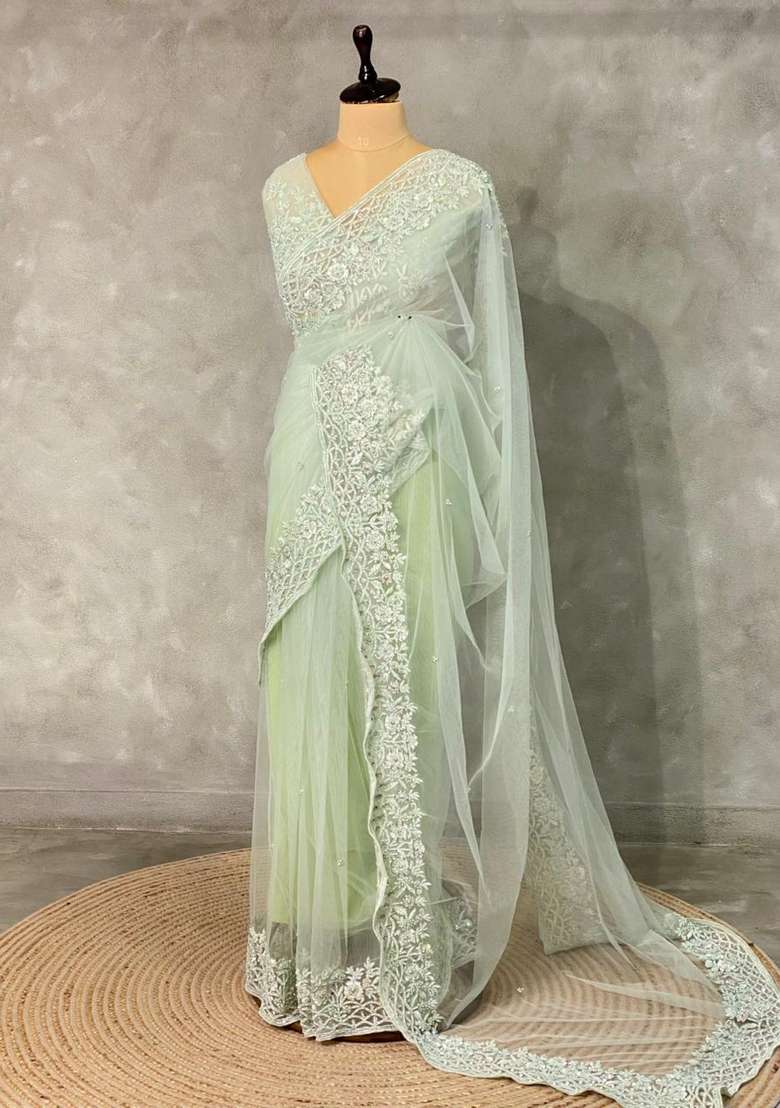 Pastal Green Net Bridal Designer Saree With Traditional Woven Design For Women - Indya