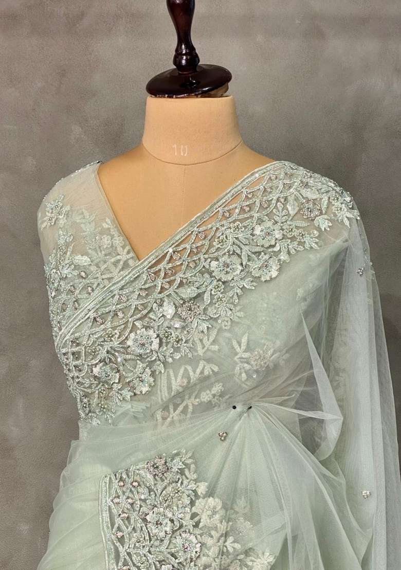 Pastal Green Net Bridal Designer Saree With Traditional Woven Design For Women - Indya