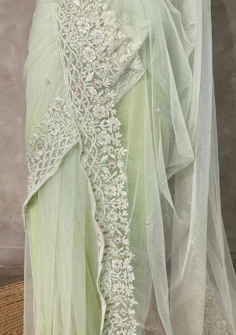 Pastal Green Net Bridal Designer Saree With Traditional Woven Design For Women - Indya