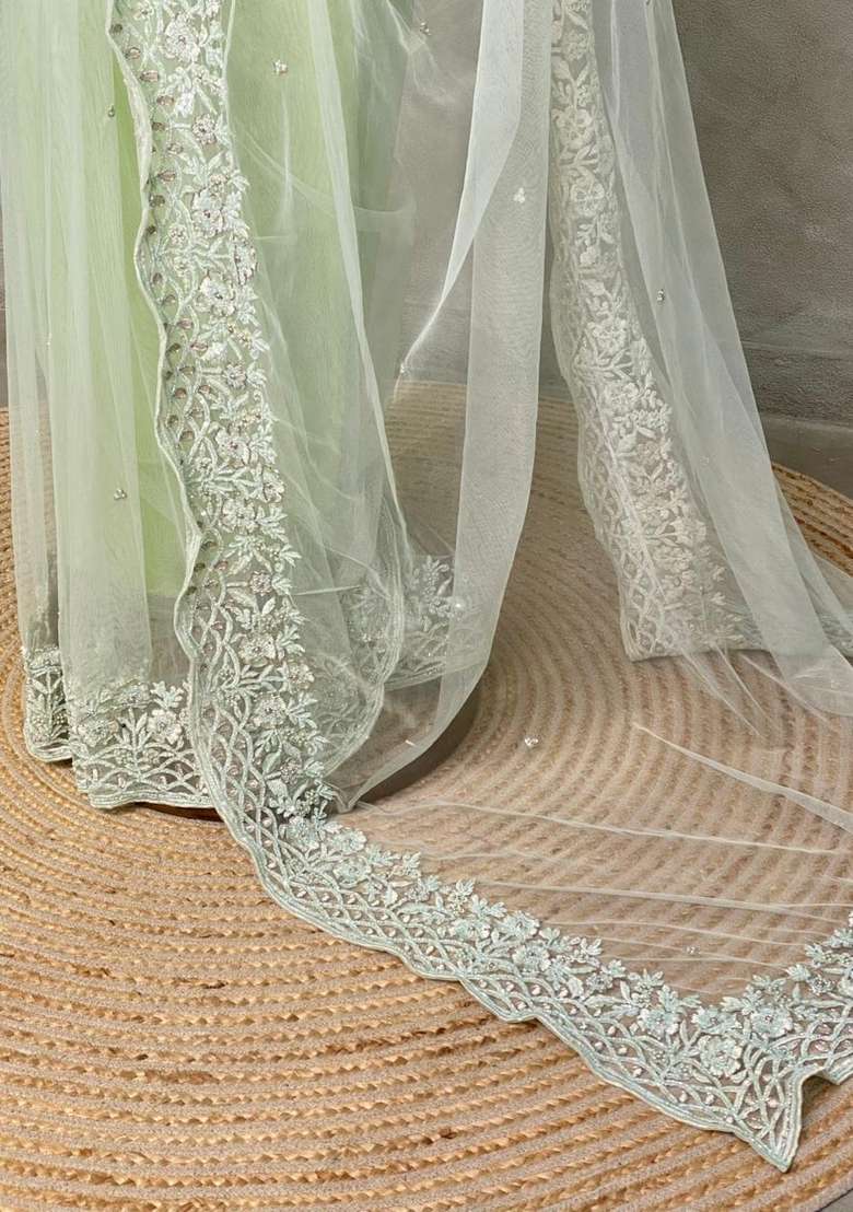 Pastal Green Net Bridal Designer Saree With Traditional Woven Design For Women - Indya