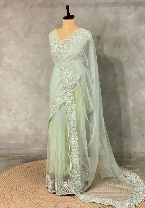 Pastal Green Net Bridal Designer Saree With Traditional Woven Design For Women