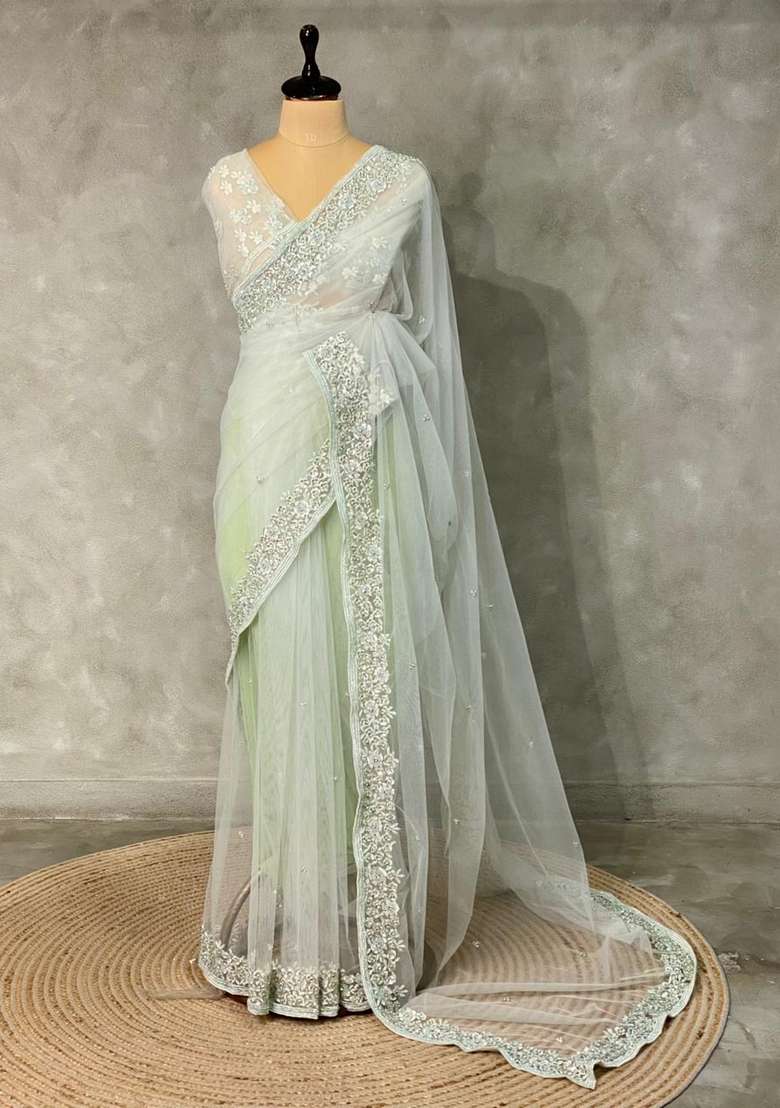 Pastal Green Net Bridal Designer Saree With Traditional Woven Design For Women - Indya