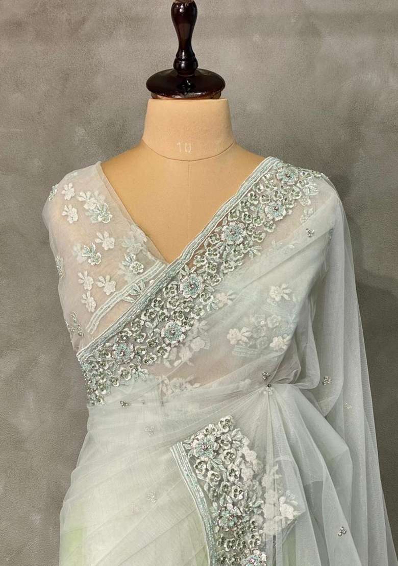 Pastal Green Net Bridal Designer Saree With Traditional Woven Design For Women - Indya