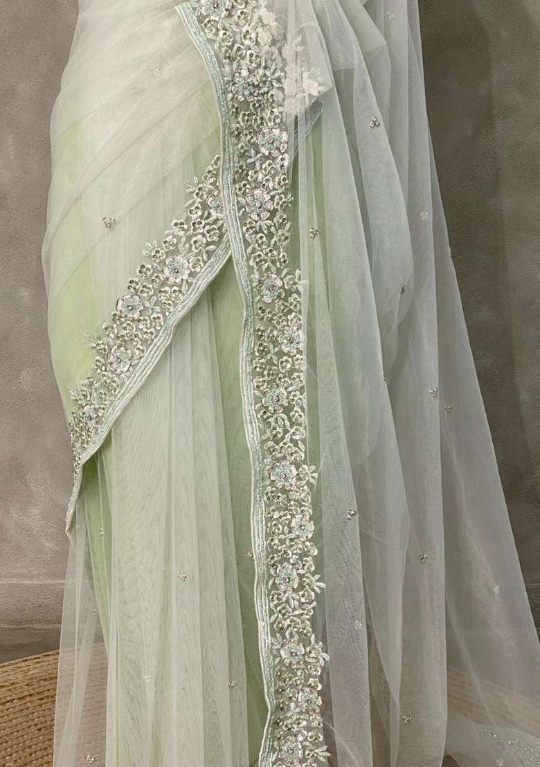 Pastal Green Net Bridal Designer Saree With Traditional Woven Design For Women - Indya