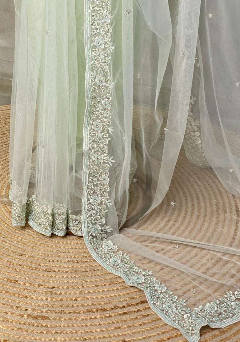 Pastal Green Net Bridal Designer Saree With Traditional Woven Design For Women - Indya