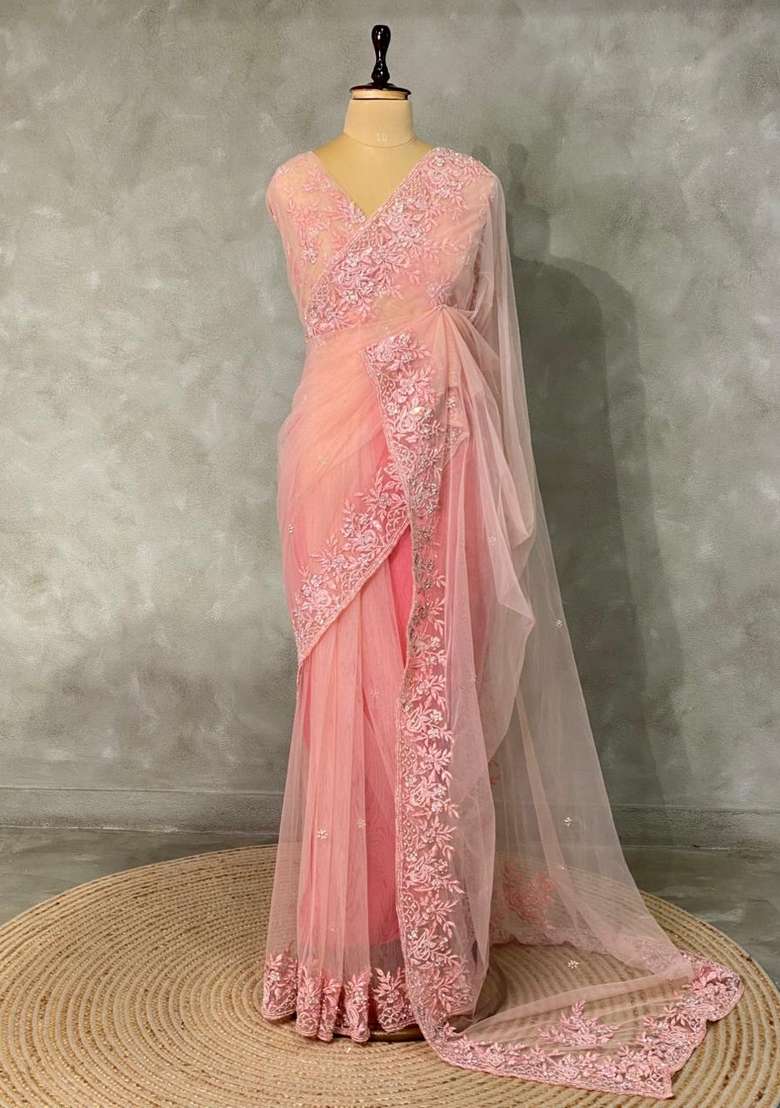 Pastal Peach Net Bridal Designer Saree With Traditional Woven Design For Women - Indya