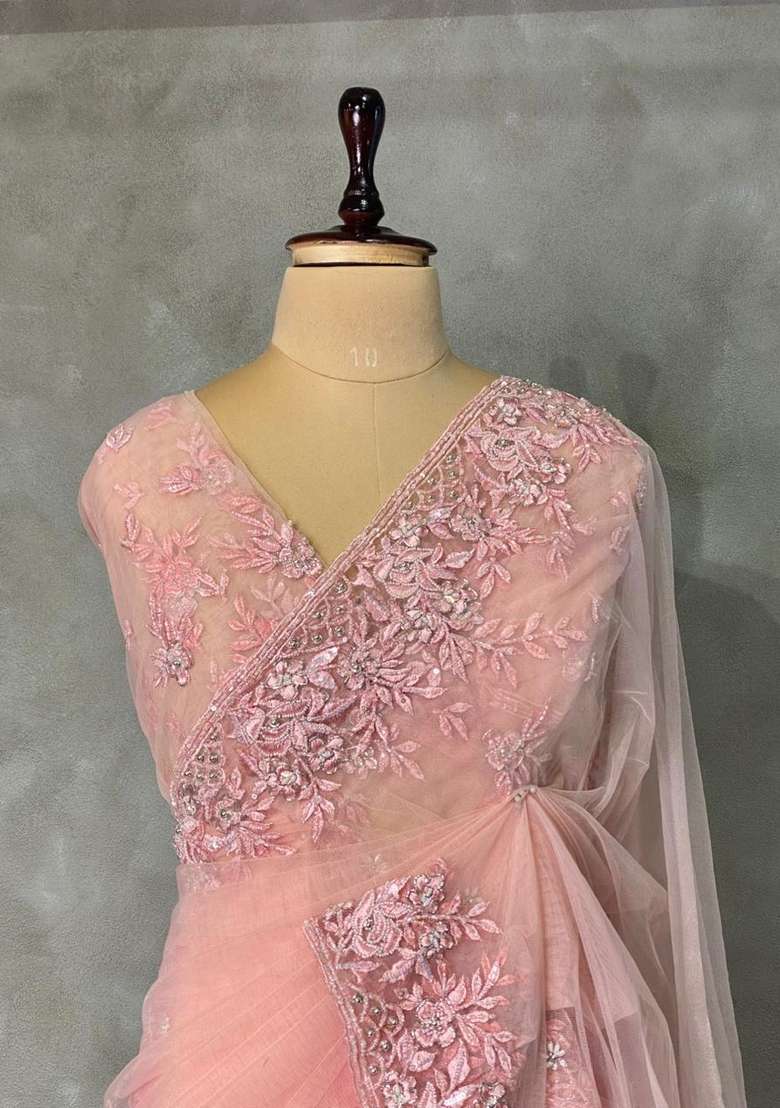 Pastal Peach Net Bridal Designer Saree With Traditional Woven Design For Women - Indya