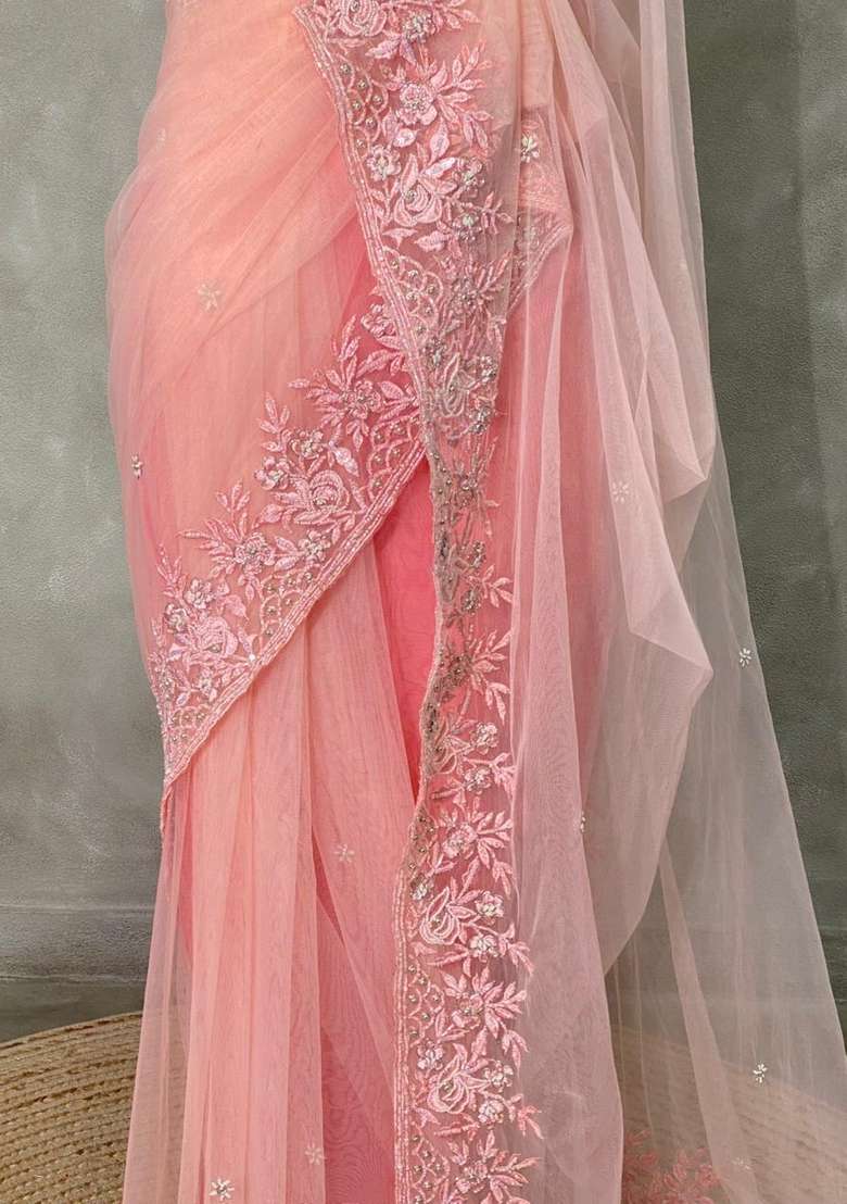 Pastal Peach Net Bridal Designer Saree With Traditional Woven Design For Women - Indya