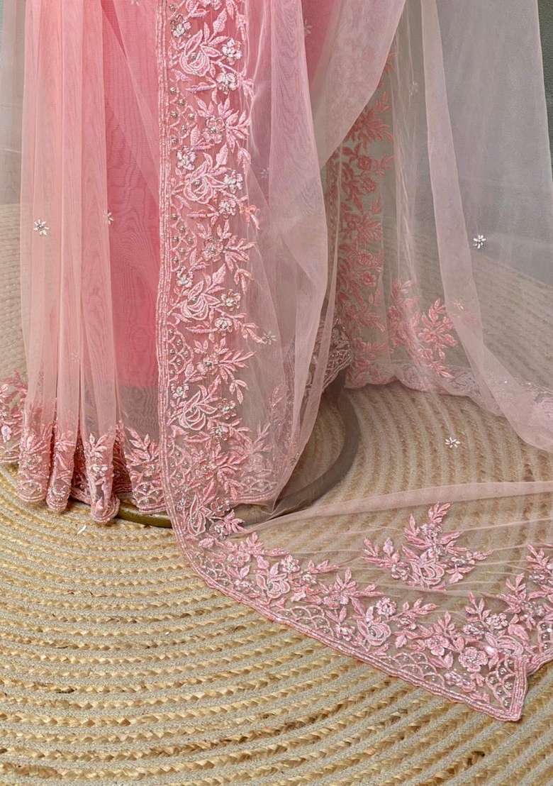 Pastal Peach Net Bridal Designer Saree With Traditional Woven Design For Women - Indya