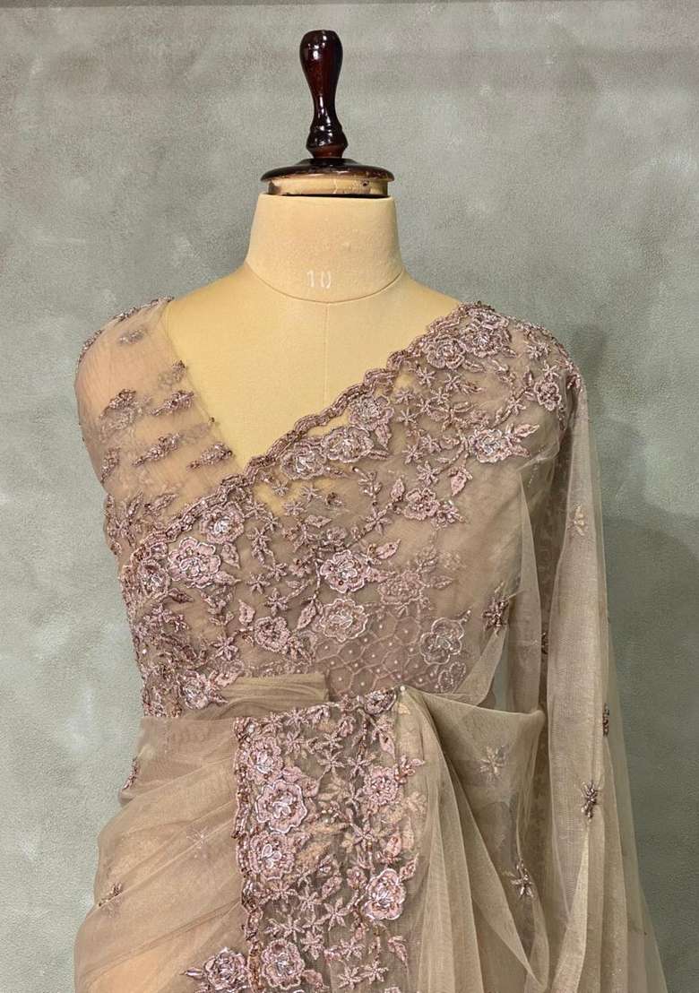 Chicku Shade Net Bridal Designer Saree With Traditional Woven Design For Women - Indya