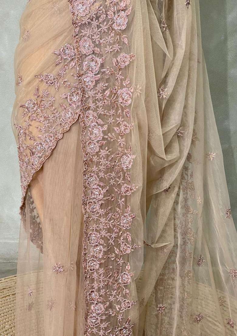 Chicku Shade Net Bridal Designer Saree With Traditional Woven Design For Women - Indya