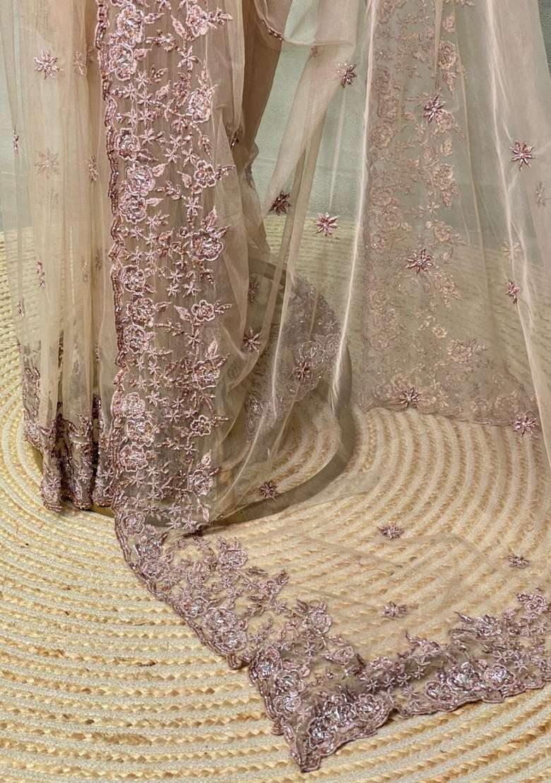 Chicku Shade Net Bridal Designer Saree With Traditional Woven Design For Women - Indya
