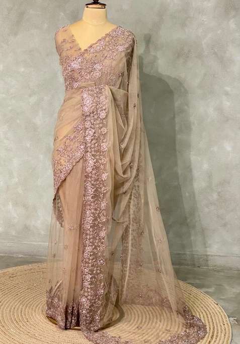 Chicku Shade Net Bridal Designer Saree With Traditional Woven Design For Women