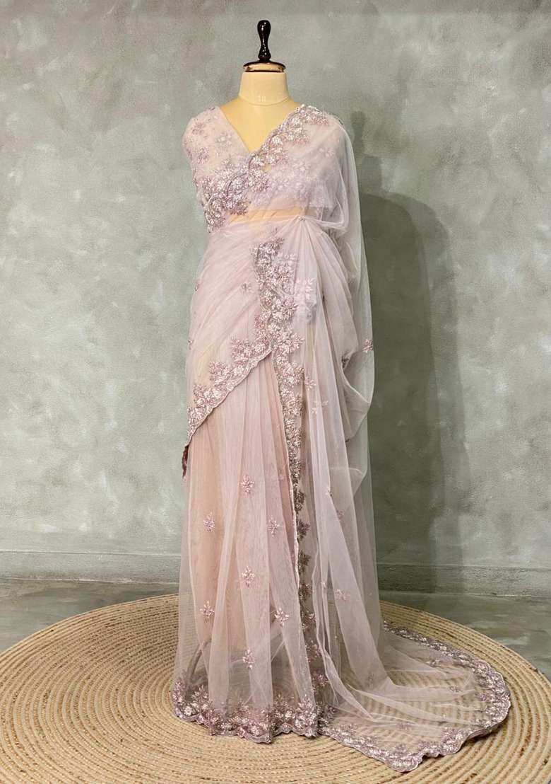 Nude Shade Net Bridal Designer Saree With Traditional Woven Design For Women - Indya