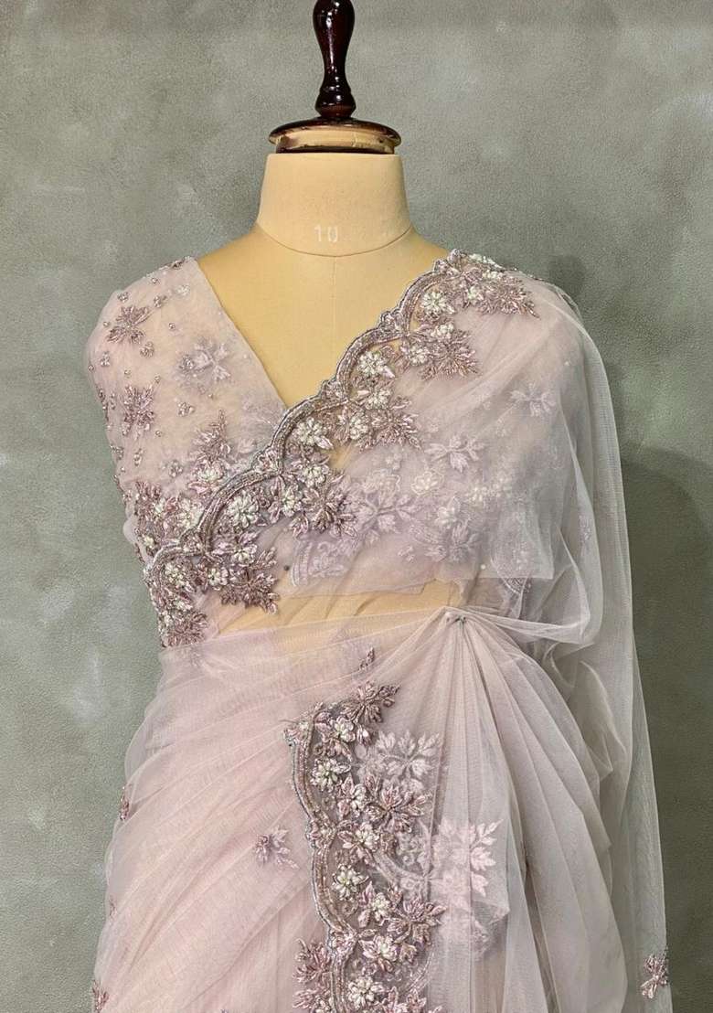 Nude Shade Net Bridal Designer Saree With Traditional Woven Design For Women - Indya