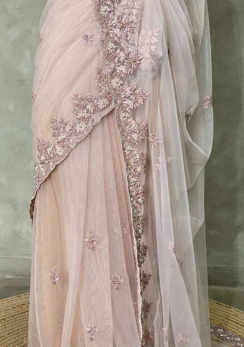 Nude Shade Net Bridal Designer Saree With Traditional Woven Design For Women - Indya