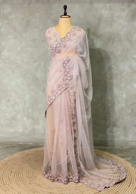 Nude Shade Net Bridal Designer Saree With Traditional Woven Design For Women