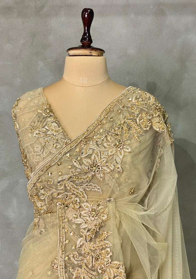 Gold Net Bridal Designer Saree With Traditional Woven Design For Women - Indya