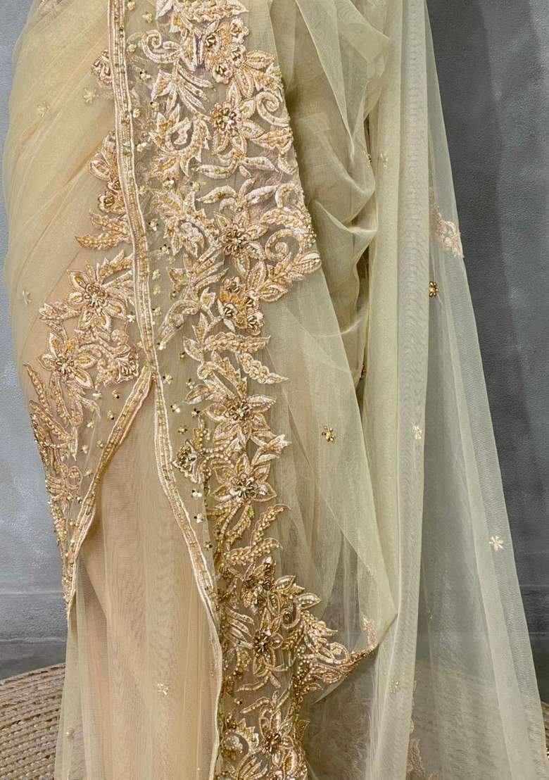 Gold Net Bridal Designer Saree With Traditional Woven Design For Women - Indya