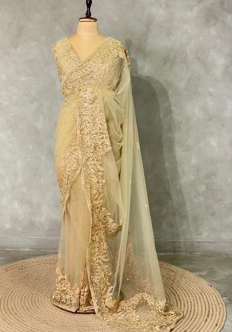 Gold Net Bridal Designer Saree With Traditional Woven Design For Women
