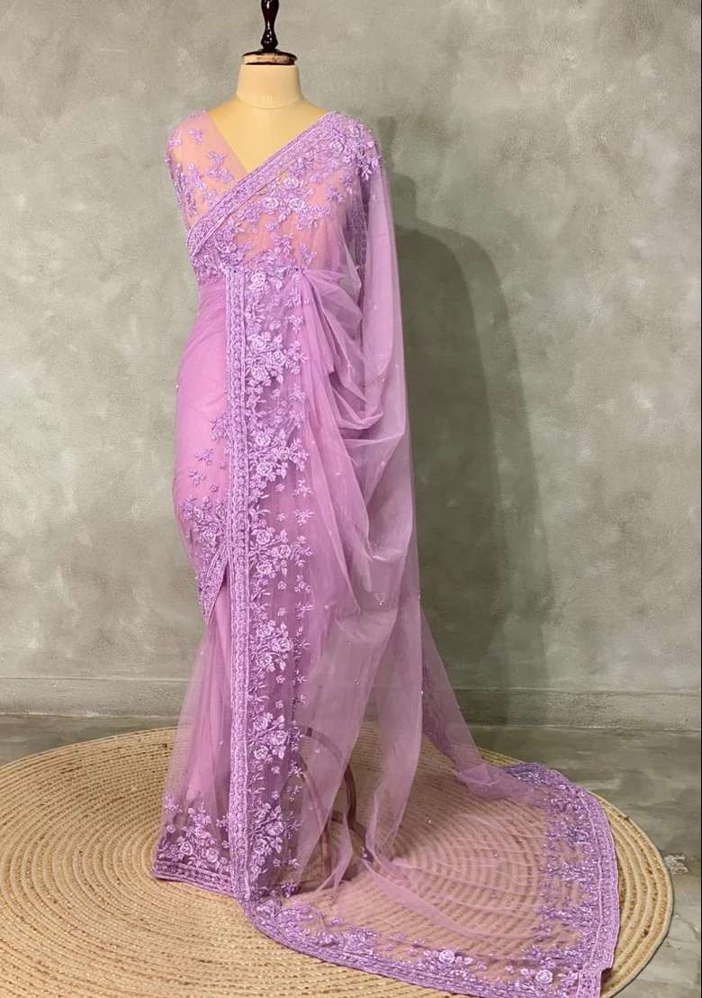 Lavender Net Bridal Designer Saree With Traditional Woven Design For Women - Indya