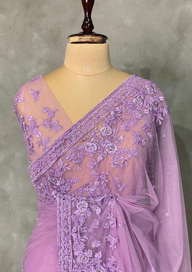 Lavender Net Bridal Designer Saree With Traditional Woven Design For Women - Indya