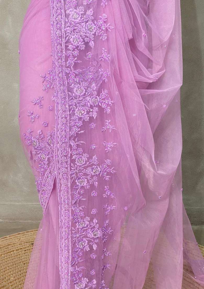 Lavender Net Bridal Designer Saree With Traditional Woven Design For Women - Indya