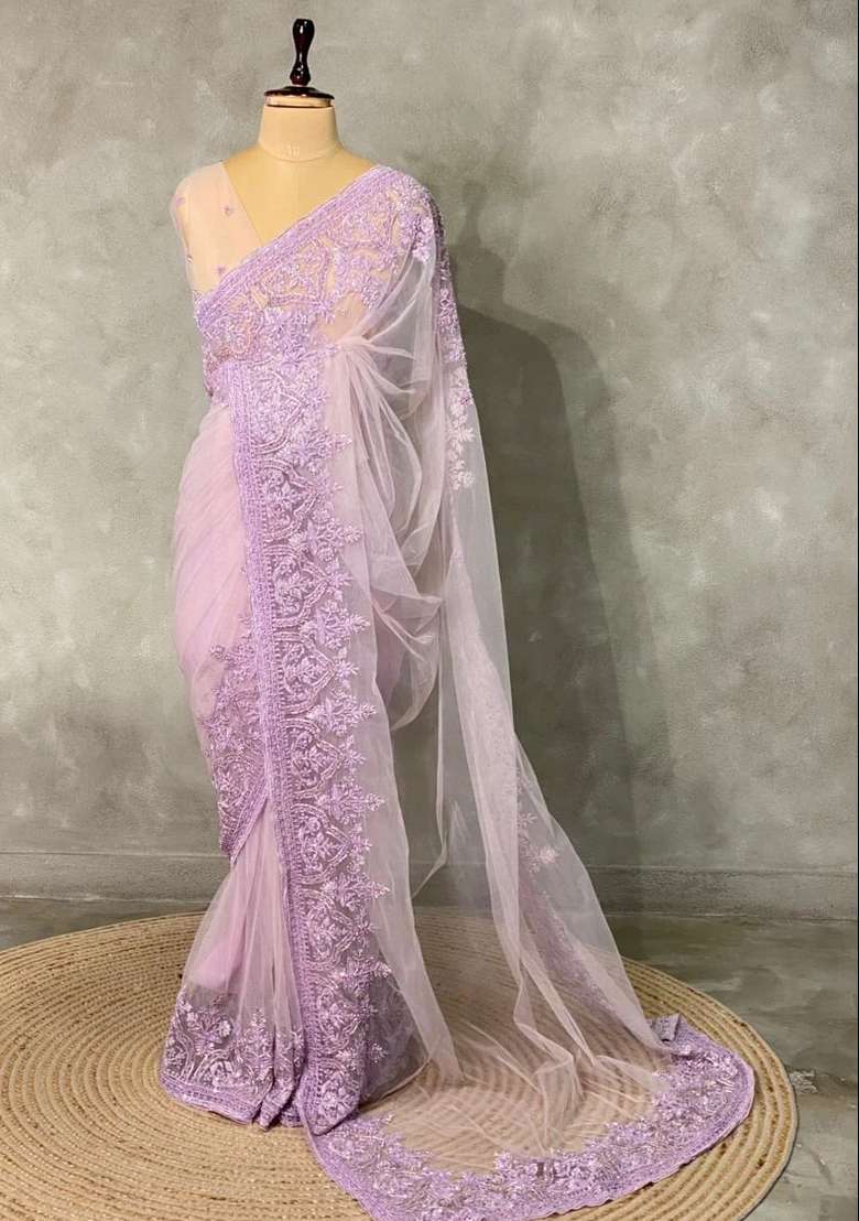 Lavender Net Bridal Designer Saree With Traditional Woven Design For Women - Indya