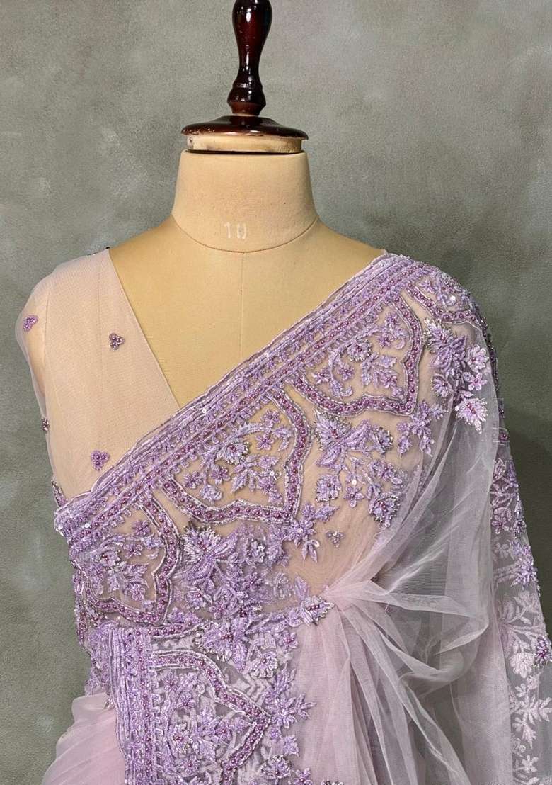 Lavender Net Bridal Designer Saree With Traditional Woven Design For Women - Indya