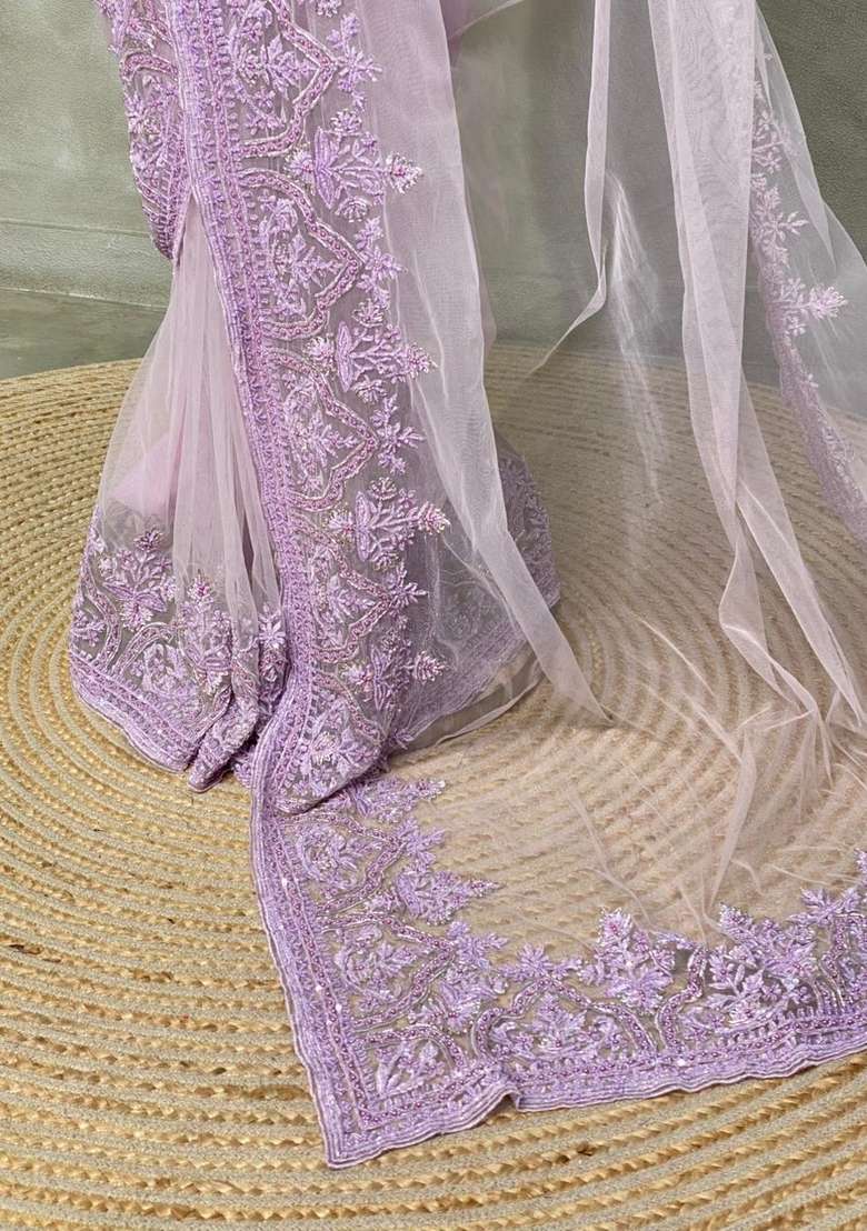 Lavender Net Bridal Designer Saree With Traditional Woven Design For Women - Indya