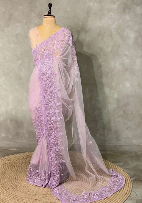 Lavender Net Bridal Designer Saree With Traditional Woven Design For Women
