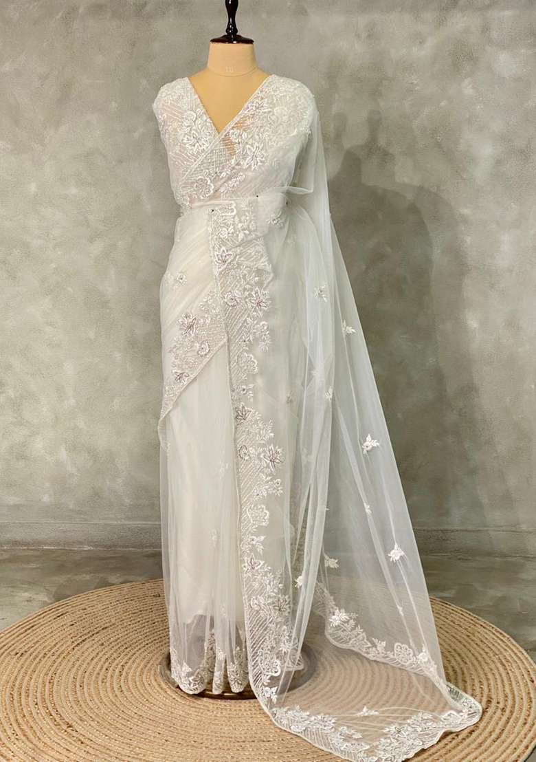 White Net Bridal Designer Saree With Traditional Woven Design For Women - Indya