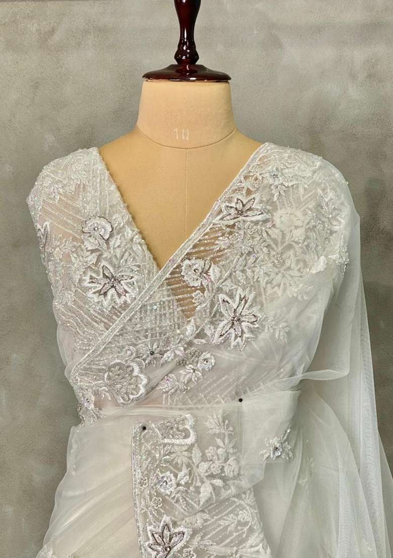 White Net Bridal Designer Saree With Traditional Woven Design For Women - Indya
