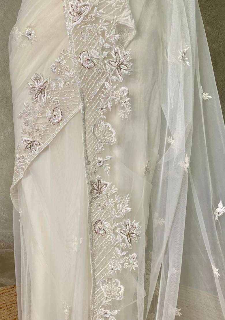 White Net Bridal Designer Saree With Traditional Woven Design For Women - Indya