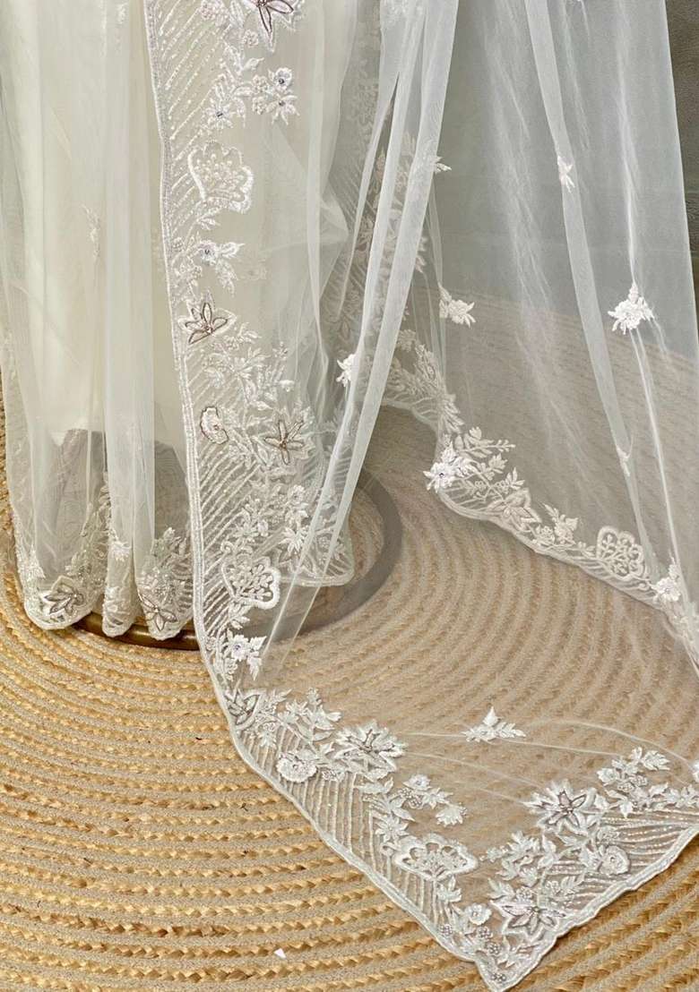 White Net Bridal Designer Saree With Traditional Woven Design For Women - Indya