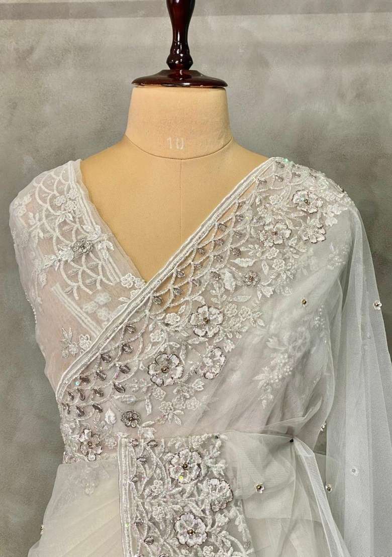 White Net Bridal Designer Saree With Traditional Woven Design For Women - Indya