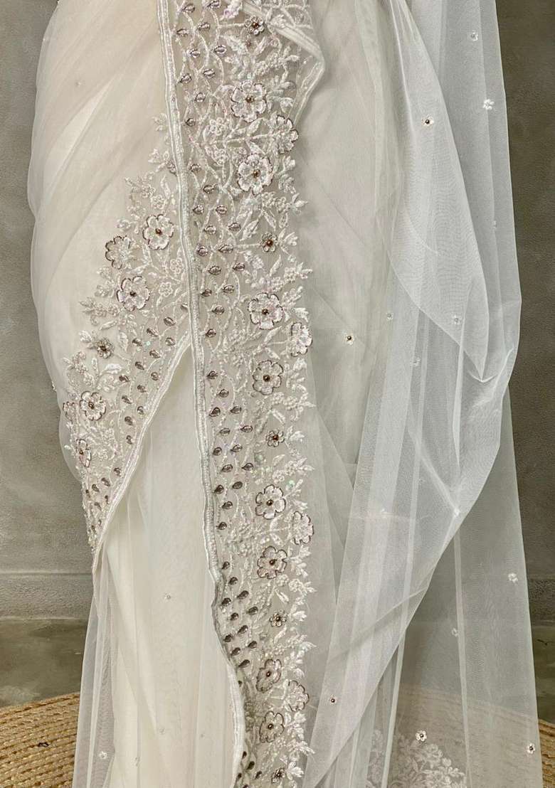 White Net Bridal Designer Saree With Traditional Woven Design For Women - Indya