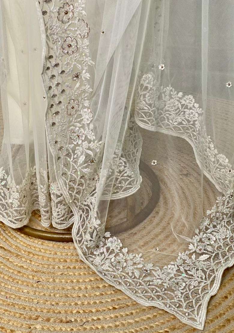 White Net Bridal Designer Saree With Traditional Woven Design For Women - Indya