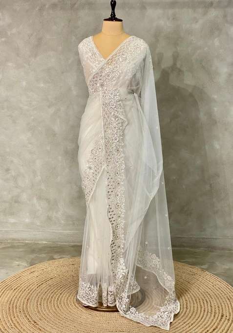 White Net Bridal Designer Saree With Traditional Woven Design For Women