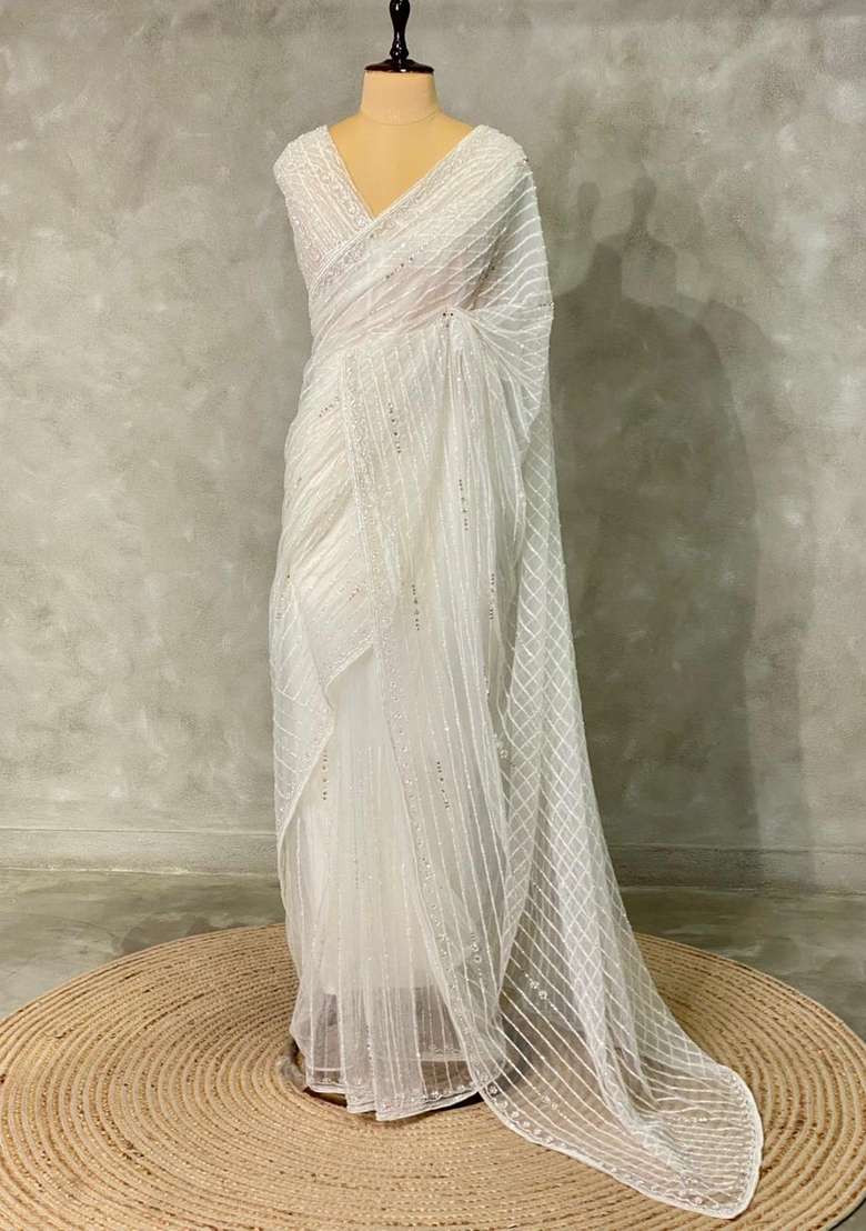 White Net Bridal Designer Saree With Traditional Woven Design For Women - Indya