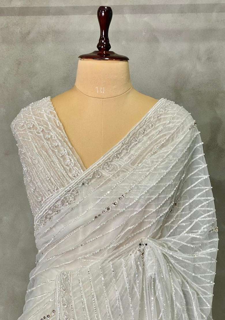 White Net Bridal Designer Saree With Traditional Woven Design For Women - Indya