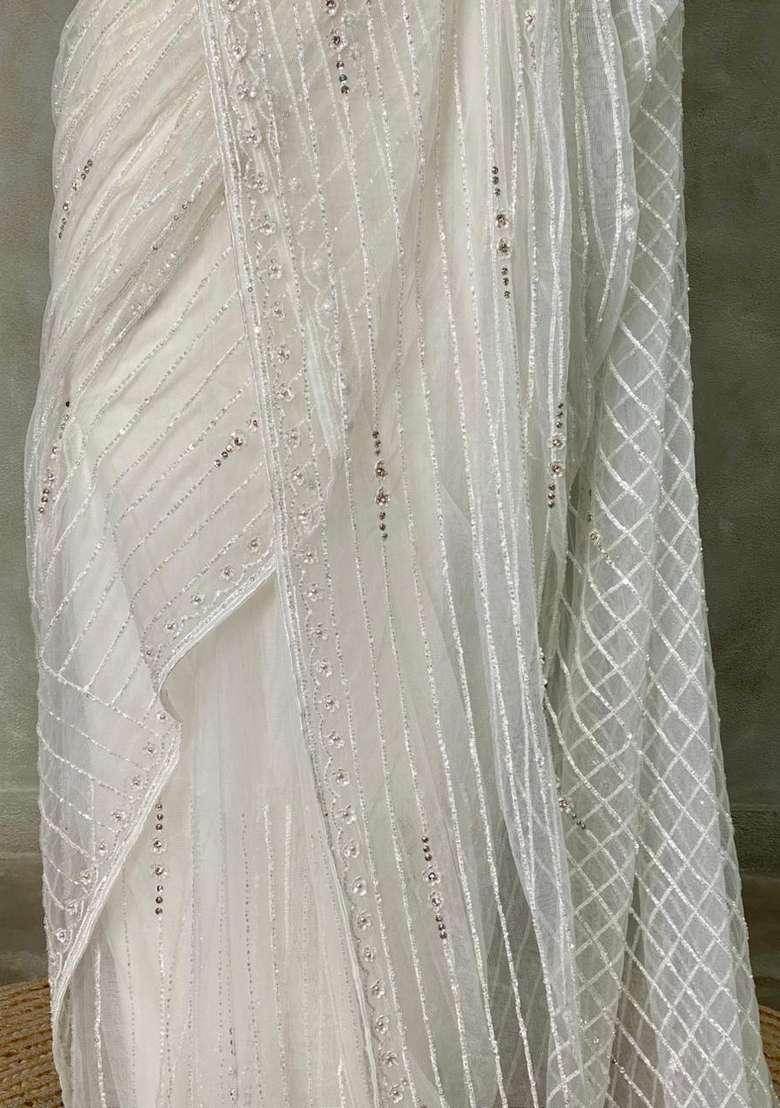 White Net Bridal Designer Saree With Traditional Woven Design For Women - Indya