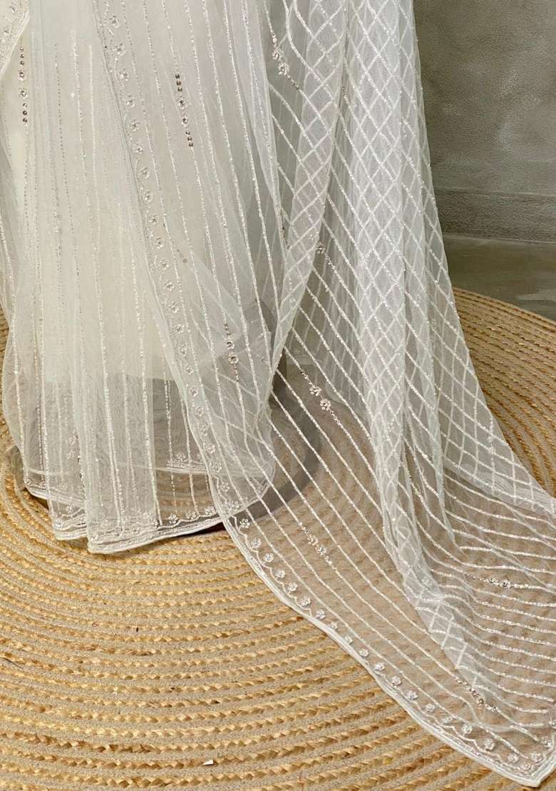 White Net Bridal Designer Saree With Traditional Woven Design For Women - Indya