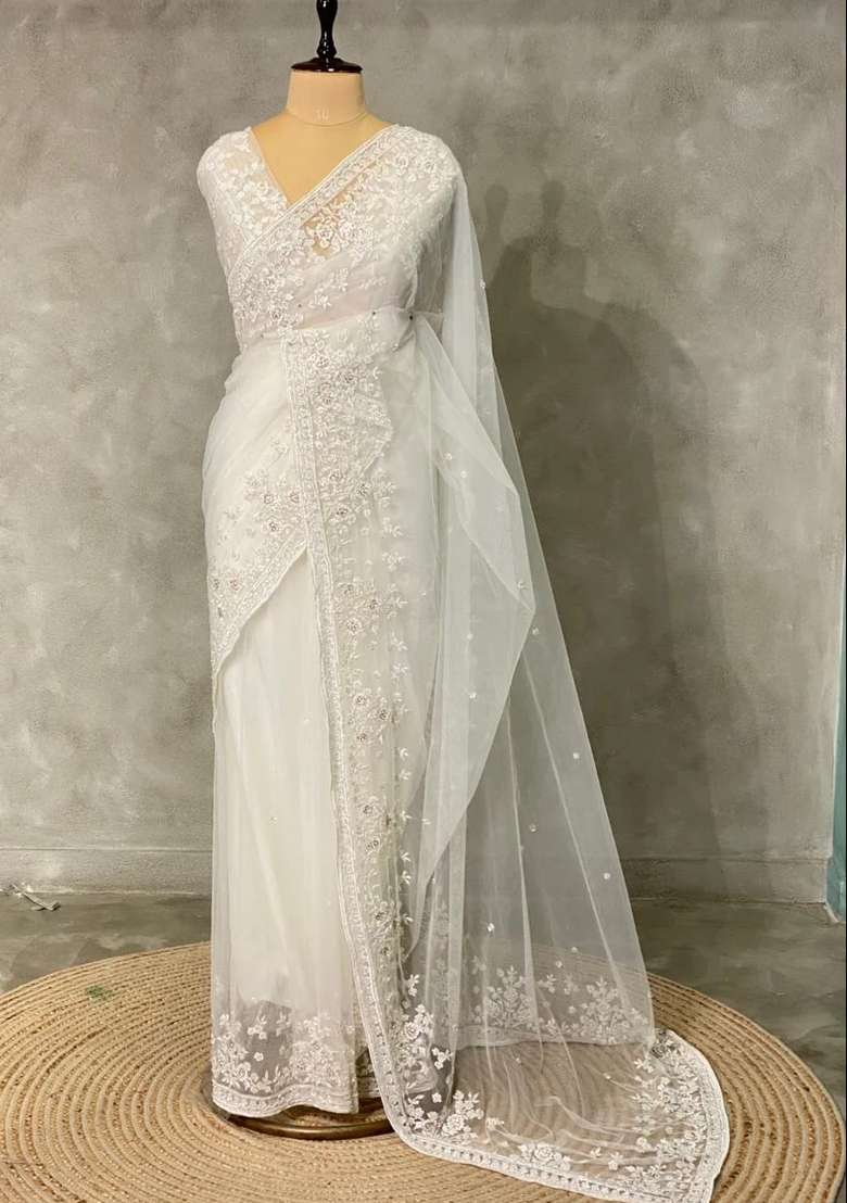 White Net Bridal Designer Saree With Traditional Woven Design For Women - Indya