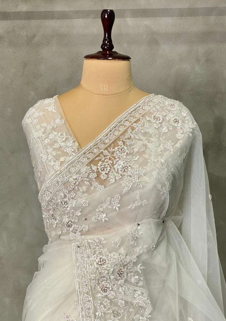 White Net Bridal Designer Saree With Traditional Woven Design For Women - Indya