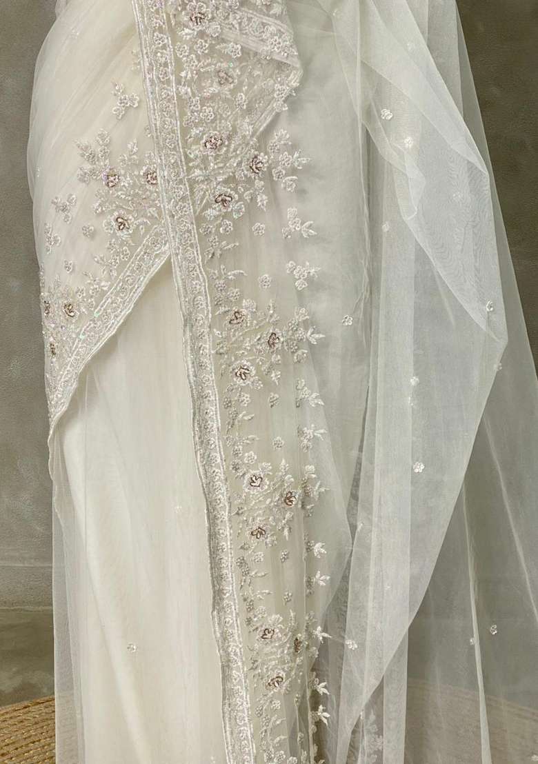 White Net Bridal Designer Saree With Traditional Woven Design For Women - Indya