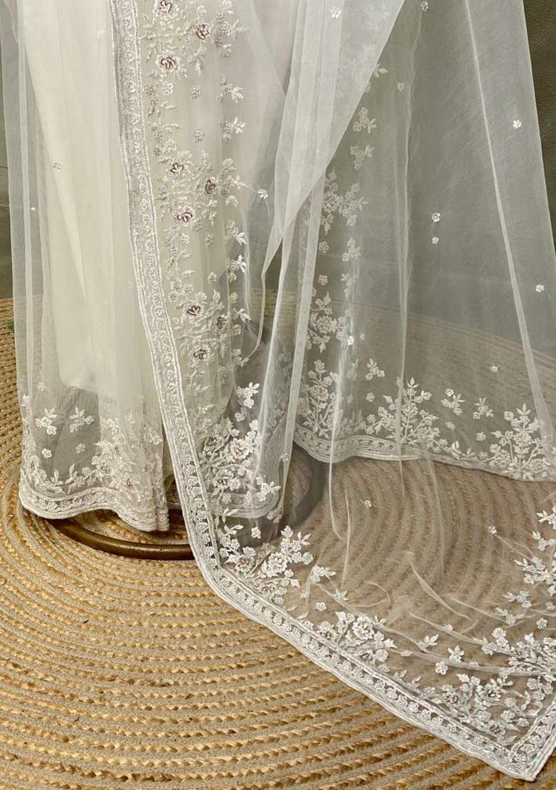 White Net Bridal Designer Saree With Traditional Woven Design For Women - Indya