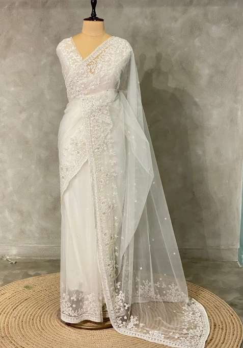 White Net Bridal Designer Saree With Traditional Woven Design For Women