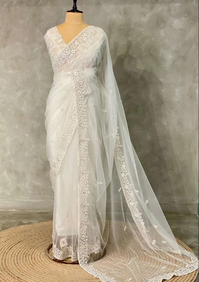 White Net Bridal Designer Saree With Traditional Woven Design For Women - Indya
